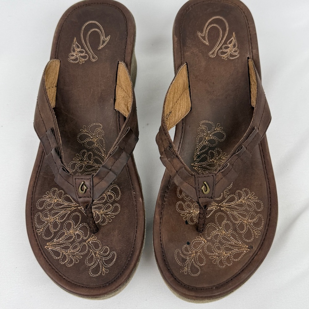 Olukai Women’s Leather Wedge Platform Flip Flop Sandals Brown Sz 10 Lio